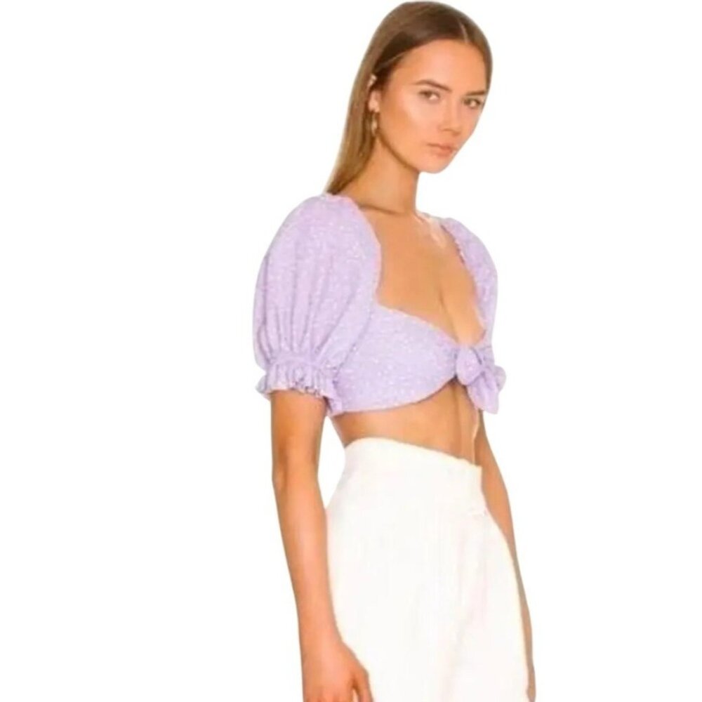 For Love and Lemons Chelsea Lavender Polka Dot Self-tie Puff Sleeve Crop Top Sma